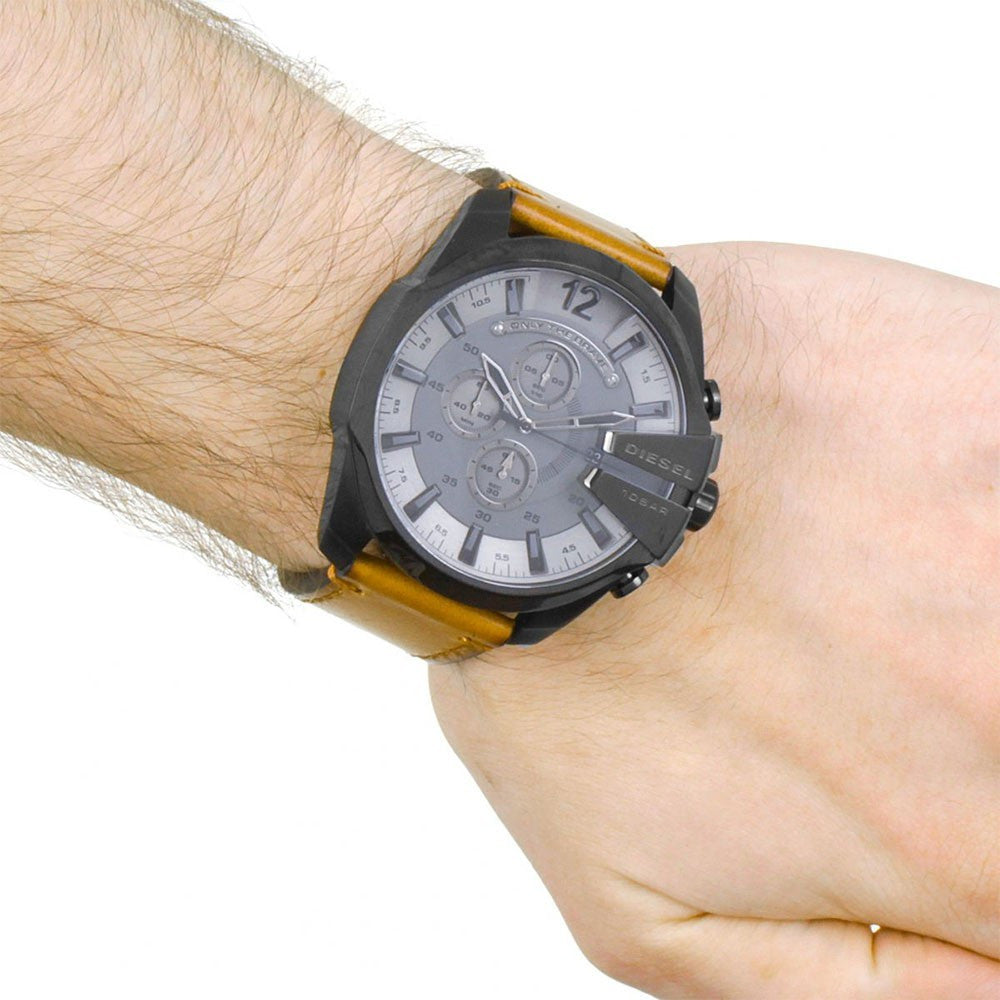 Diesel DZ4463 Mega Chief Chronograph Men's Watch – Grey Dial & Brown Leather Strap
