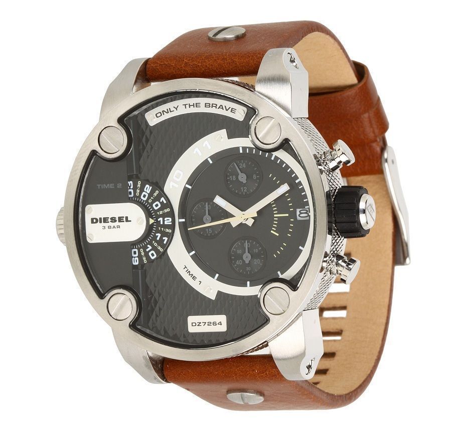 Diesel DZ7264 SBA Dual Time Men's Watch – Black Dial & Brown Leather Strap