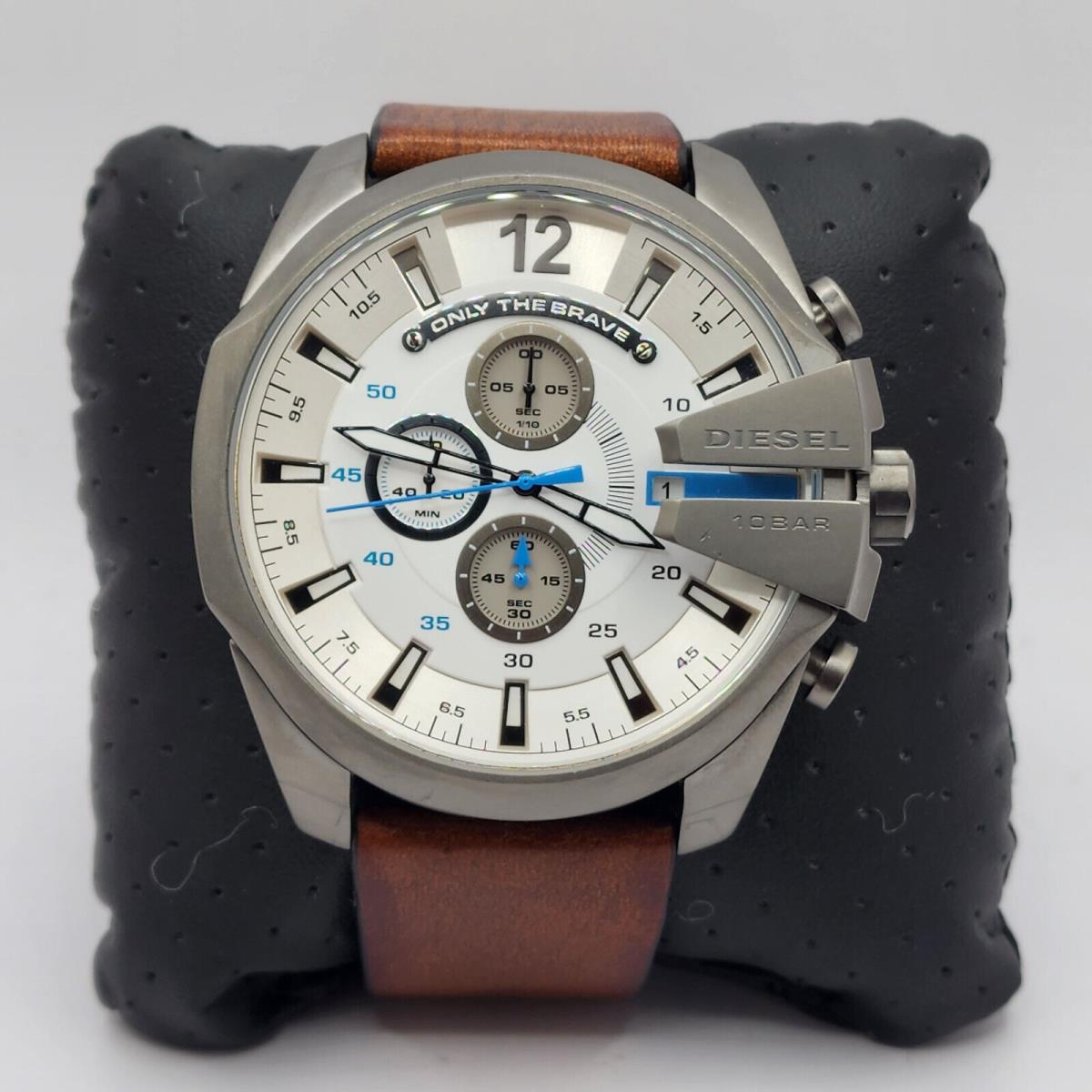 Diesel DZ4280 Mega Chief Chronograph Men's Watch – White Dial & Brown Leather Strap